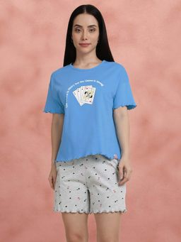Shyaway - Blue Decorative Hem Cozy T-Shirt with Shorts