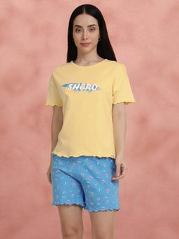 Shyaway - Yellow Decorative Hem Cozy T-Shirt with Shorts