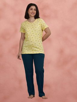 Shyaway - Yellow Contrast Bottom Printed T-Shirt with Pajama