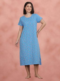 Shyaway - Blue All Over Printed Cozy Sleep Night Dress