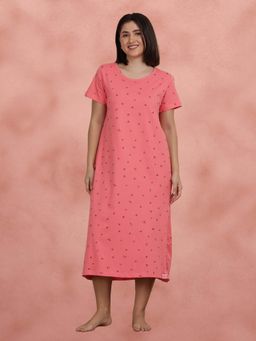 Shyaway - Shell Pink All Over Printed Cozy Sleep Night Dress
