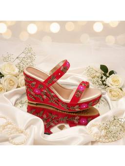 Sole House - Embroidery Red Double Strap Blossom Wedges