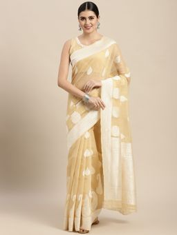 VAIRAGEE - Beige and White Ethnic Motifs Cotton Saree with Unstitched Blouse