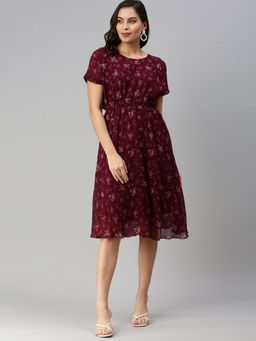 SHOWOFF - Women's Knee Length Floral Violet Round Neck Fit And Flare Dress