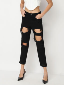 Missguided - Black High Rise Extreme Ripped Rigid Mom Jeans
