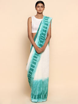 CHOWDHRAIN - Teal Shibori Linen Saree with Unstitched Blouse Piece