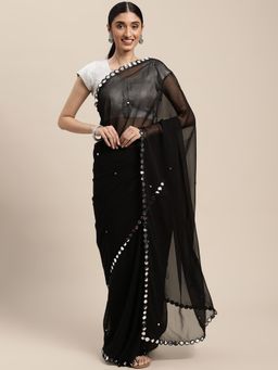 Vastranand - Black Colour Organza Party Wear Saree With Mirror Work with Unstitched Blouse