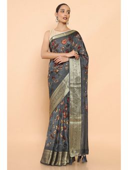 Soch - Women Grey Silk Floral Saree with Unstitched Blouse