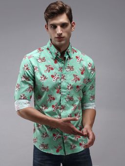 SHOWOFFFF - Men Green Collar Neck Floral Comfort Fit Shirt