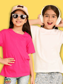 Nusyl - Girls Solid Cotton Blend Round Neck Oversized T-Shirts (Set of 2)