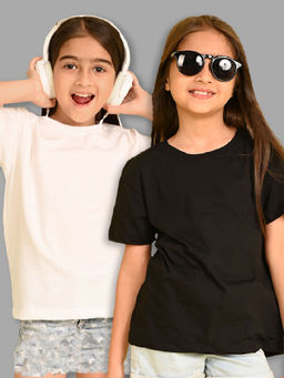 Nusyl - Girls Solid Cotton Blend Round Neck Oversized T-Shirts (Set of 2)
