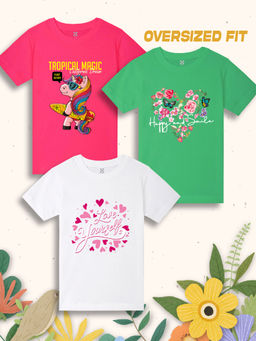 Nusyl - Girls Printed Cotton Blend Oversized T-Shirts (Set of 3)