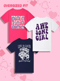 Nusyl - Girls Printed Cotton Blend Oversized T-Shirts (Set of 3)