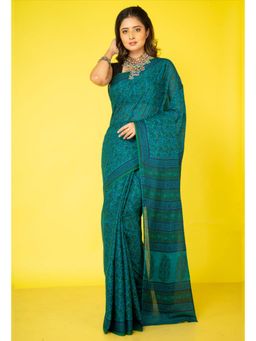 Unnati Silks - Green Pure Block Printed Superfine Mulmul Cotton Saree with Unstitched Blouse
