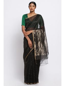 Via East - Black Striped Silk Chanderi Saree with Unstitched Blouse