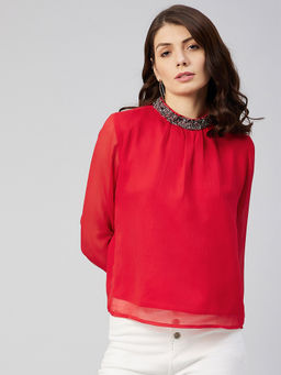 Marie Claire - Women Casual Red Colour Round Neck Solid Regular Top