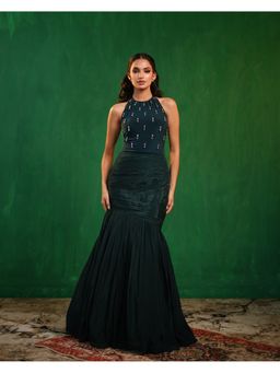 AHI Clothing - Teal Halterneck Bodysuit With Drape Mermaid Top with Skirt