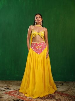 AHI Clothing - Yellow-Rose Pink Indo Lehenga with Choli and Dupatta