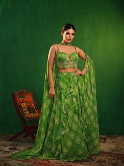 AHI Clothing - Lime Green Ruffle Lehenga with Choli and Dupatta