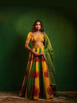 AHI Clothing - Yellow Dual Printed Heavy Lehenga with Choli and Dupatta