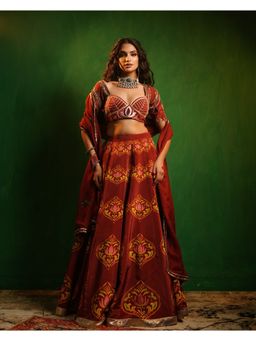AHI Clothing - Maroon Lotus Aangi Heavy Lehenga with Choli and Dupatta