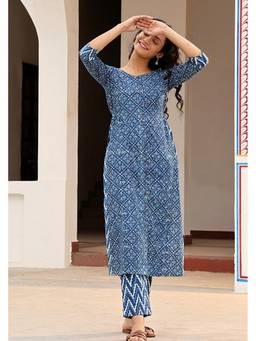 Okhai - Indigo Iris Pure Cotton Hand Block Printed Kurta and Pant