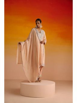 OHH CROW - Peach Opara Silk Hand Embroidered Kurta and Salwar with Dupatta