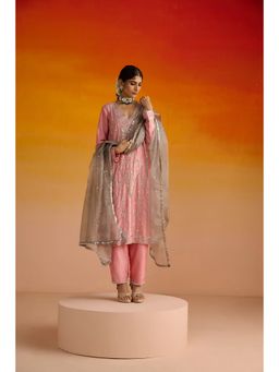 OHH CROW - Pink Raw Silk Hand Embroidered Kurta and Salwar with Dupatta