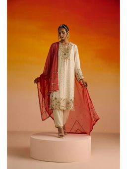 OHH CROW - Light Yellow Opara Silk Hand Embroidered Kurta and Salwar with Dupatta