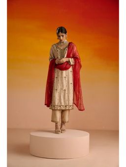 OHH CROW - Gold Raw Silk Hand Embroidered Kurta and Salwar with Dupatta