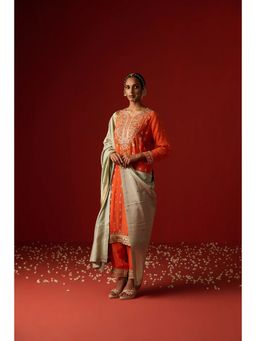 OHH CROW - Orange Crepe Hand Embroidered Kurta and Pant with Dupatta