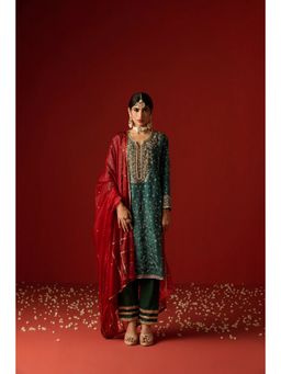 OHH CROW - Emerald Green Opara Silk Hand Embroidered Kurta and Pant with Dupatta