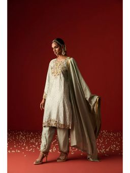 OHH CROW - Glacial Sea Green Raw Silk Hand Embroidered Kurta and Pant with Dupatta