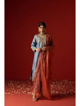 OHH CROW - Blue Raw Silk Hand Embroidered Kurta and Pant with Dupatta