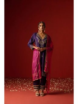 OHH CROW - Indigo Blue Chanderi Silk Hand Embroidered and Printed Kurta & Pant with Duppata