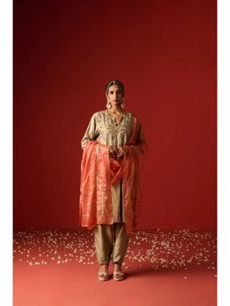 OHH CROW - Gold Coloured Raw Silk Hand Embroidered Kurta and Pant with Dupatta