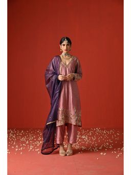 OHH CROW - Pink Raw Silk Hand Embroidered Kurta and Pant with Dupatta