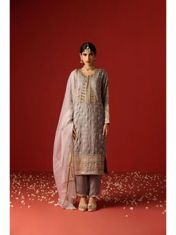 OHH CROW - Grey Cotton Silk Hand Embroidered Kurta and Pant with Dupatta