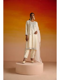 OHH CROW - Ivory Raw Silk Mirror Hand Embroidered Kurta and Pant with Dupatta