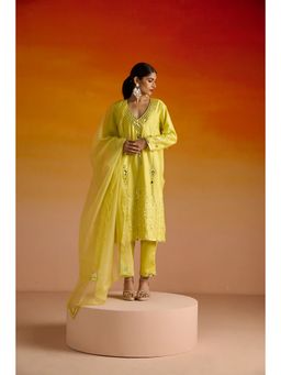 OHH CROW - Yellow Raw Silk Mirror Hand Embroidered Kurta and Pant with Dupatta