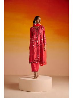 OHH CROW - Red Raw Silk Mirror Hand Embroidered Kurta and Pant with Dupatta