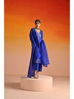 OHH CROW - Electric Blue Raw Silk Mirror Hand Embroidered Kurta and Sharara with Dupatta