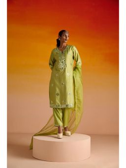 OHH CROW - Parrot Green Raw Silk Mirror Hand Embroidered Kurta and Pant with Dupatta