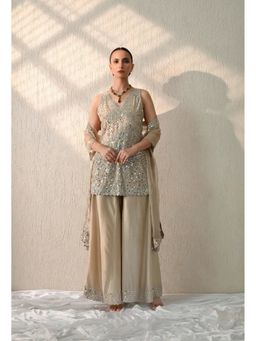 OHH CROW - Beige Mirror Embroidered Kurta and Sharara with Dupatta