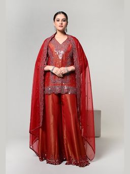 OHH CROW - Red Burnt Sienna Festive Embroidered Kurta and Sharara with Dupatta