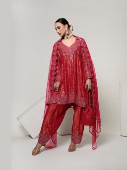 OHH CROW - Red Mirror Work Embroidered Kurta and Salwar with Dupatta
