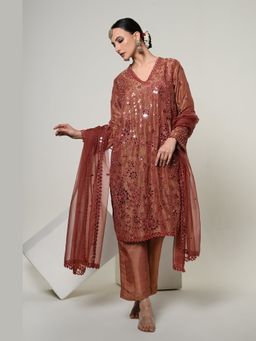 OHH CROW - Brown Noor Straight Embroidered Kurta and Pant with Dupatta