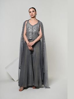 OHH CROW - Slate Grey Tassel-Tie Vest and Sharara with Dupatta