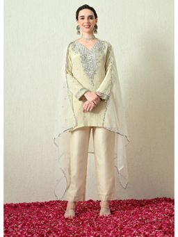 OHH CROW - Butter Ivory V-Neck Embroidered Kurta and Pant with Dupatta