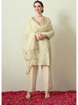 OHH CROW - Butter Ivory V-Neck Embroidered Kurta and Pant with Dupatta